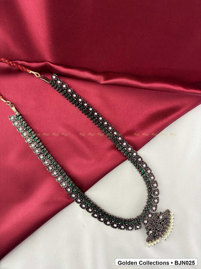 Front view of Black Kemp Long Haram Necklace for Bharatanatyam from Golden Collections