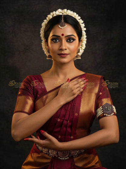 Golden Collections Black Kemp Bajuband - Model wearing temple jewelry with traditional Bharatanatyam saree.