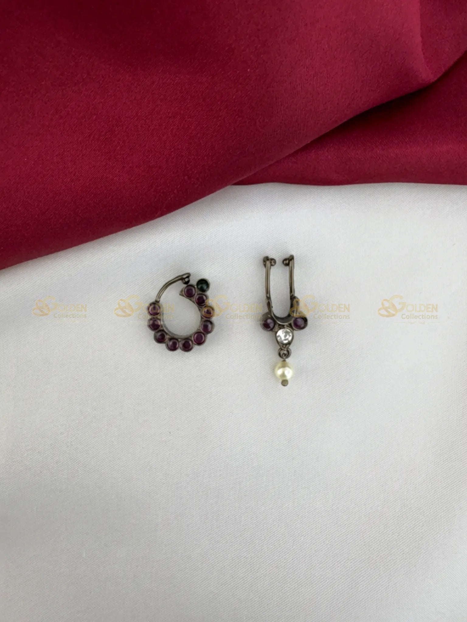 Golden Collections Black Kemp Nose Rings Nath Bullaki - Detailed view highlighting the rich ruby kemp stones in the circular nath and the delicate pearl drop on the bullaki.