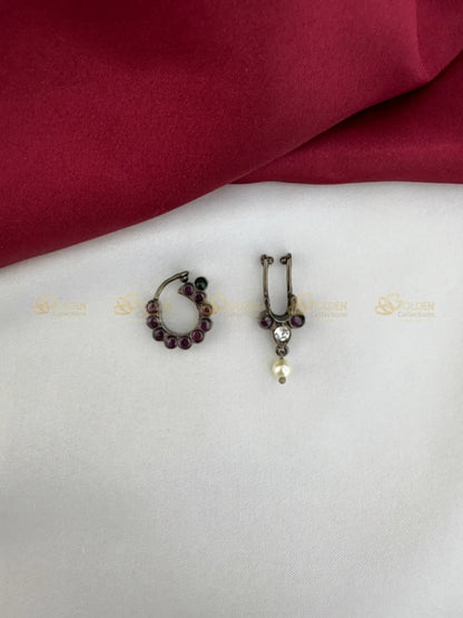 Golden Collections Black Kemp Nose Rings Nath Bullaki - Detailed view highlighting the rich ruby kemp stones in the circular nath and the delicate pearl drop on the bullaki.