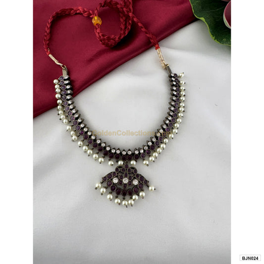 Black kemp pearl purple short necklace for Bharatanatyam front view BJN024