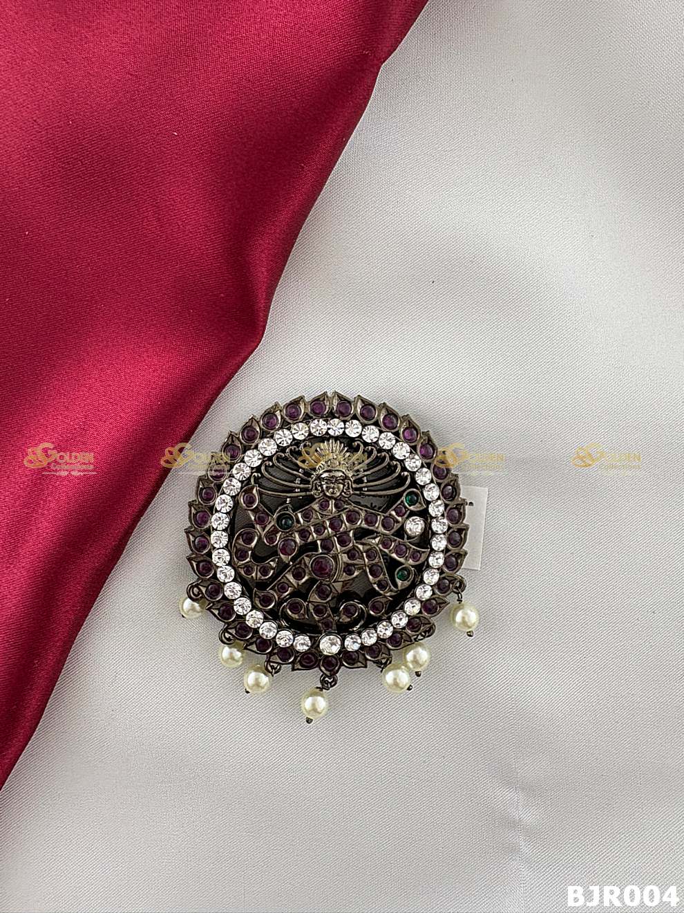 Black kemp rakodi Bharatanatyam temple jewellery hair bun disc with dancer design and pearl drops
