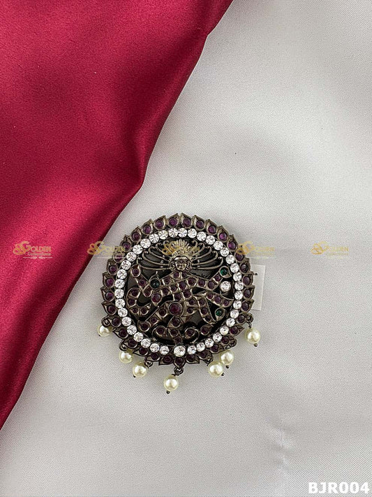 Black kemp rakodi Bharatanatyam temple jewellery hair bun disc with dancer design and pearl drops