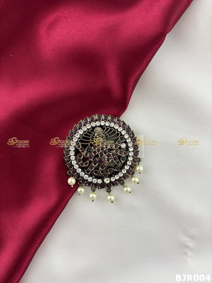Buy black kemp rakodi for Bharatanatyam with dancer design and pearl drops. Premium temple jewellery hair bun accessory for arangetram & stage.