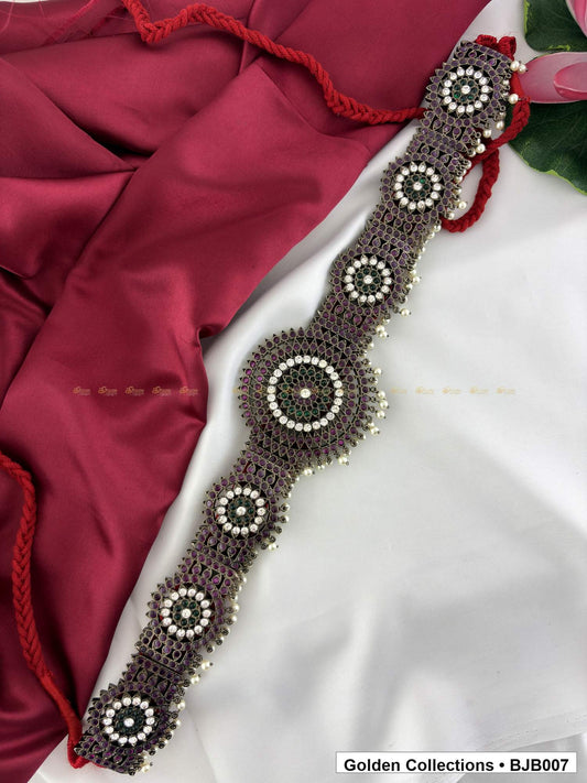 front product view of Black kemp round medallion vaddanam oddiyanam from Golden Collections