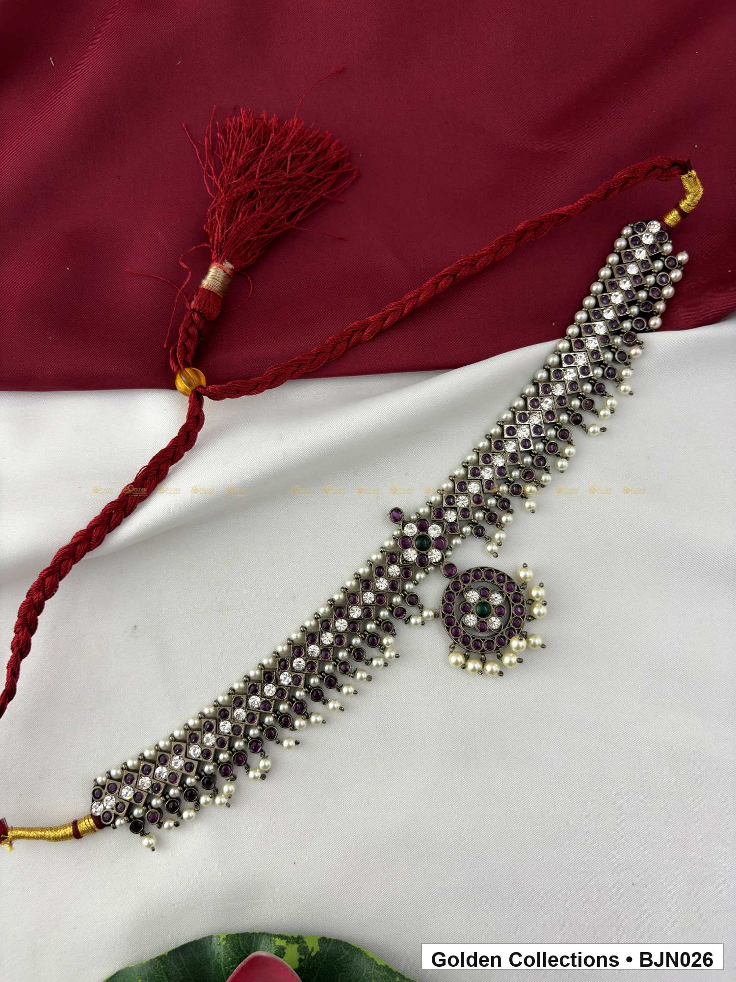 Front view of Black Kemp Short Necklace for Bharatanatyam - Style 1 from Golden Collections