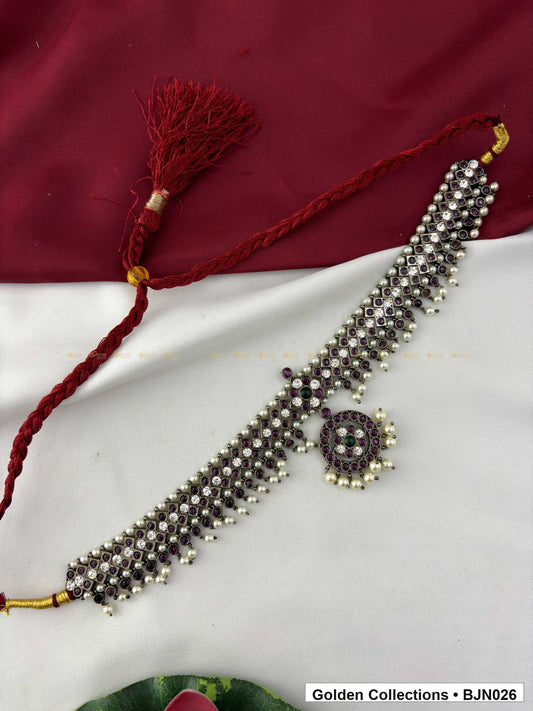 Front view of Black Kemp Short Necklace for Bharatanatyam - Style 1 from Golden Collections