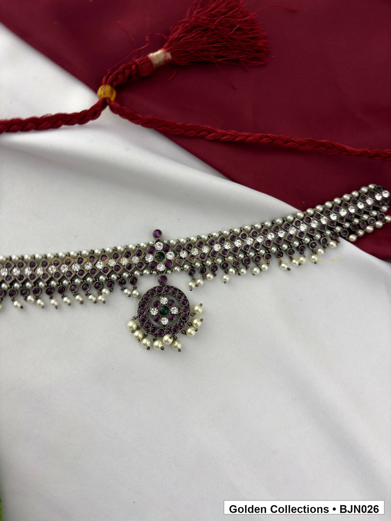 Angled view of Black Kemp Short Necklace for Bharatanatyam - Style 1 from Golden Collections