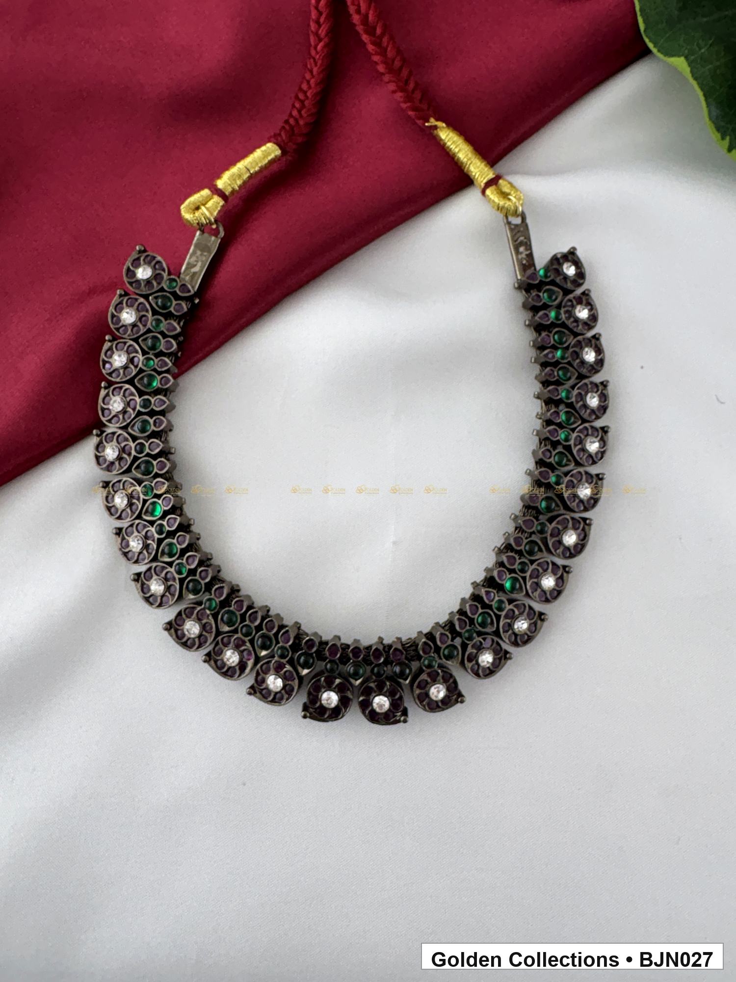 Front view of Black Kemp Short Necklace for Bharatanatyam - Style 2 from Golden Collections