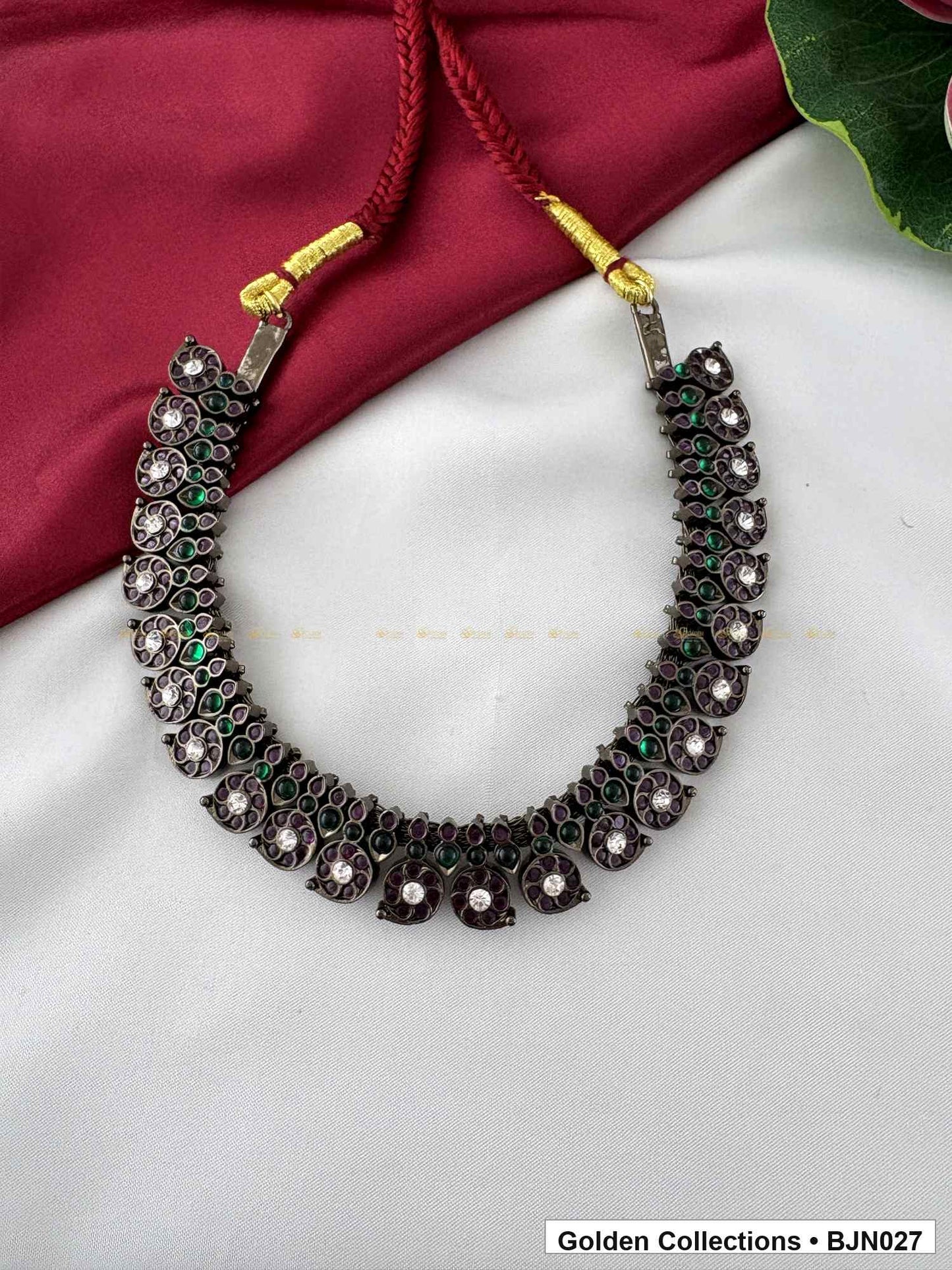 Angled view of Black Kemp Short Necklace for Bharatanatyam - Style 2 from Golden Collections