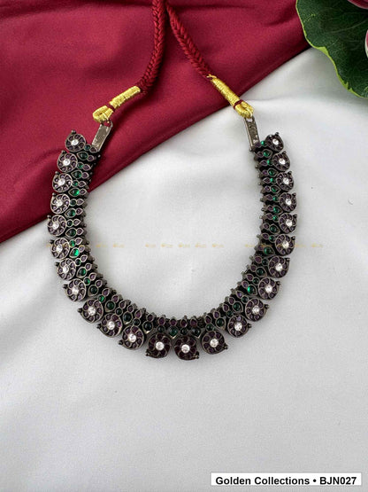Angled view of Black Kemp Short Necklace for Bharatanatyam - Style 2 from Golden Collections