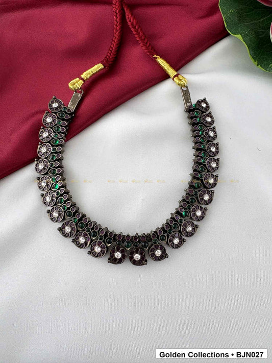 Angled view of Black Kemp Short Necklace for Bharatanatyam - Style 2 from Golden Collections