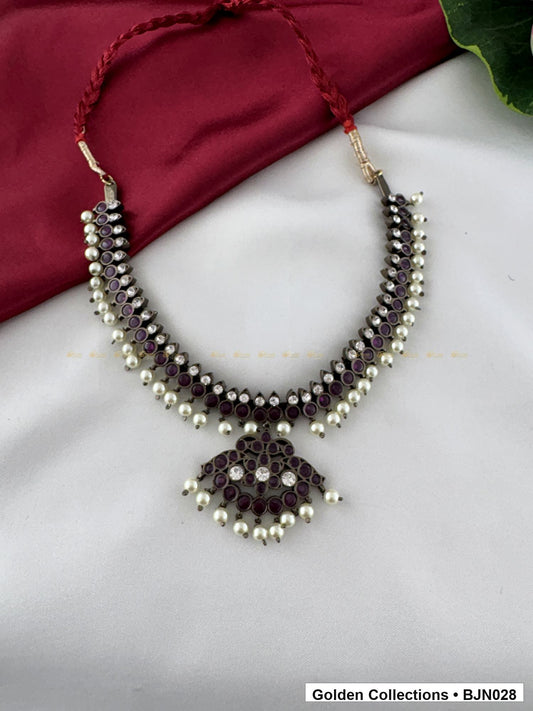 Front view of Black Kemp Short Necklace for Bharatanatyam - Style 3 from Golden Collections