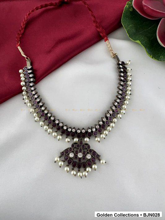 Angled view of Black Kemp Short Necklace for Bharatanatyam - Style 3 from Golden Collections