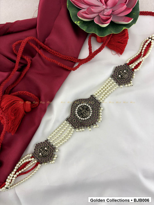 front product view of Black kemp vaddanam oddiyanam with pearl strands from Golden Collections