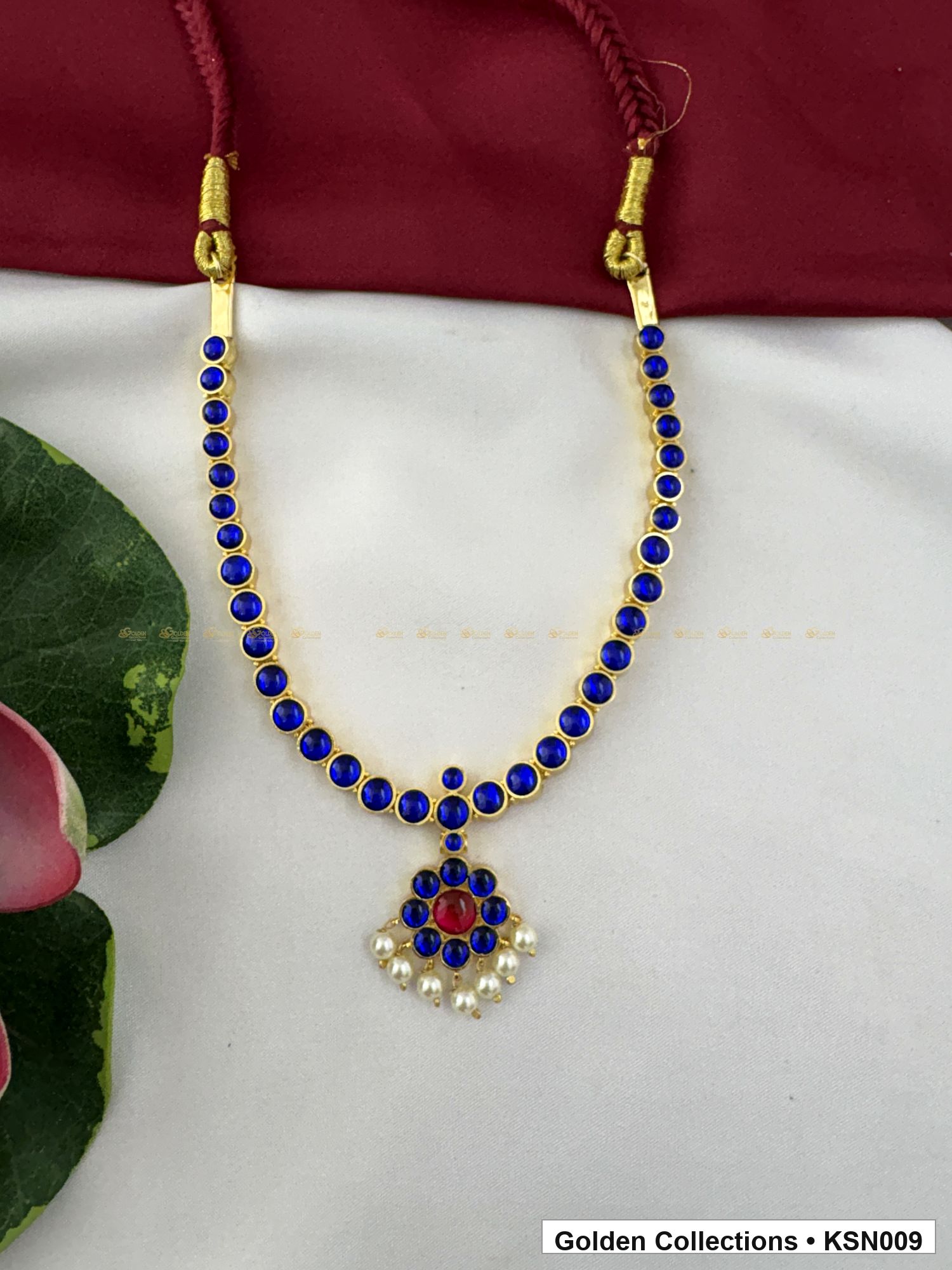 Front view of Blue Bead Real Kemp Short Necklace with Pendant from Golden Collections