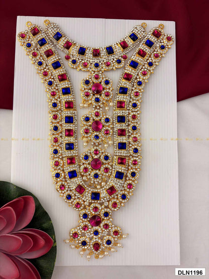 Front view of deity chest long haram with multicolor stones and gold plating for idol alankaram