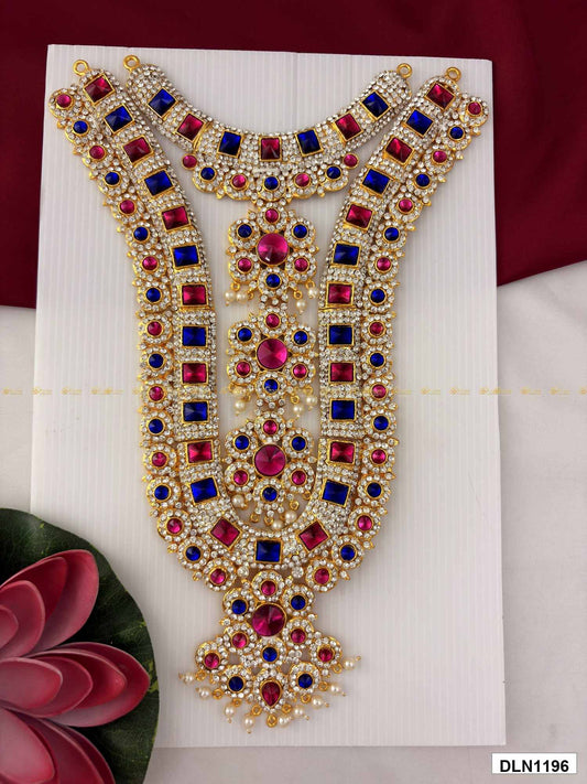 Front view of deity chest long haram with multicolor stones and gold plating for idol alankaram