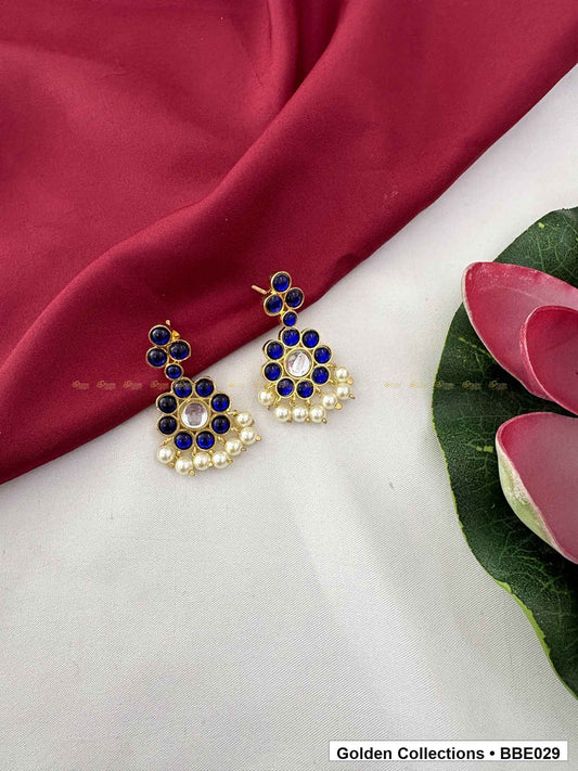 Front view of Blue Stone Pearl Real Kemp Jhumki Earrings from Golden Collections