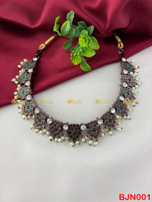 Black Kemp Temple Short Necklace for Bharatanatyam and Kuchipudi BJN001 with black kemp stones
