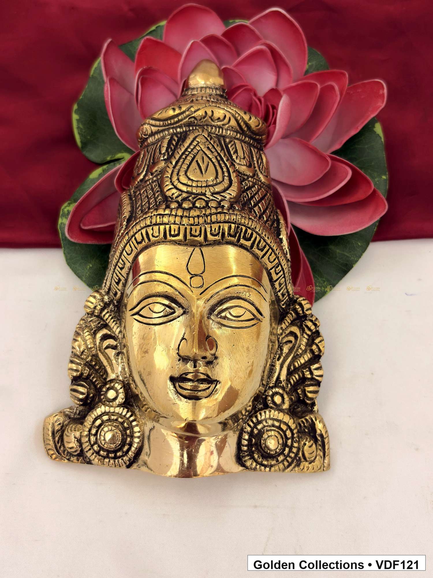 Brass Varalakshmi Face with Tall Embossed Crown and Circular Earrings complete front view