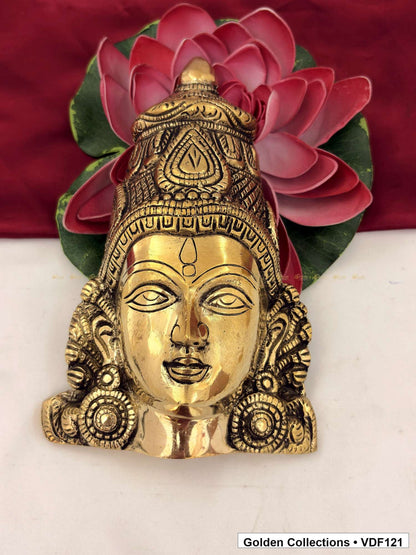 Brass Varalakshmi Face with Tall Embossed Crown and Circular Earrings complete front view