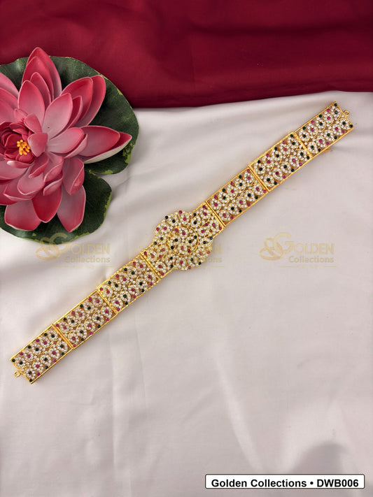 Front view of Broad Deity Waist Belt Vaddanam for Idols showing gold-plated vaddanam-style waist belt design with stone detailing