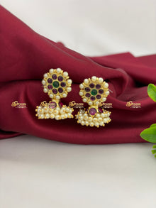 Real Kemp Jhumka Earrings for Bharatanatyam and Kuchipudi BBE002 with red-green kemp stones