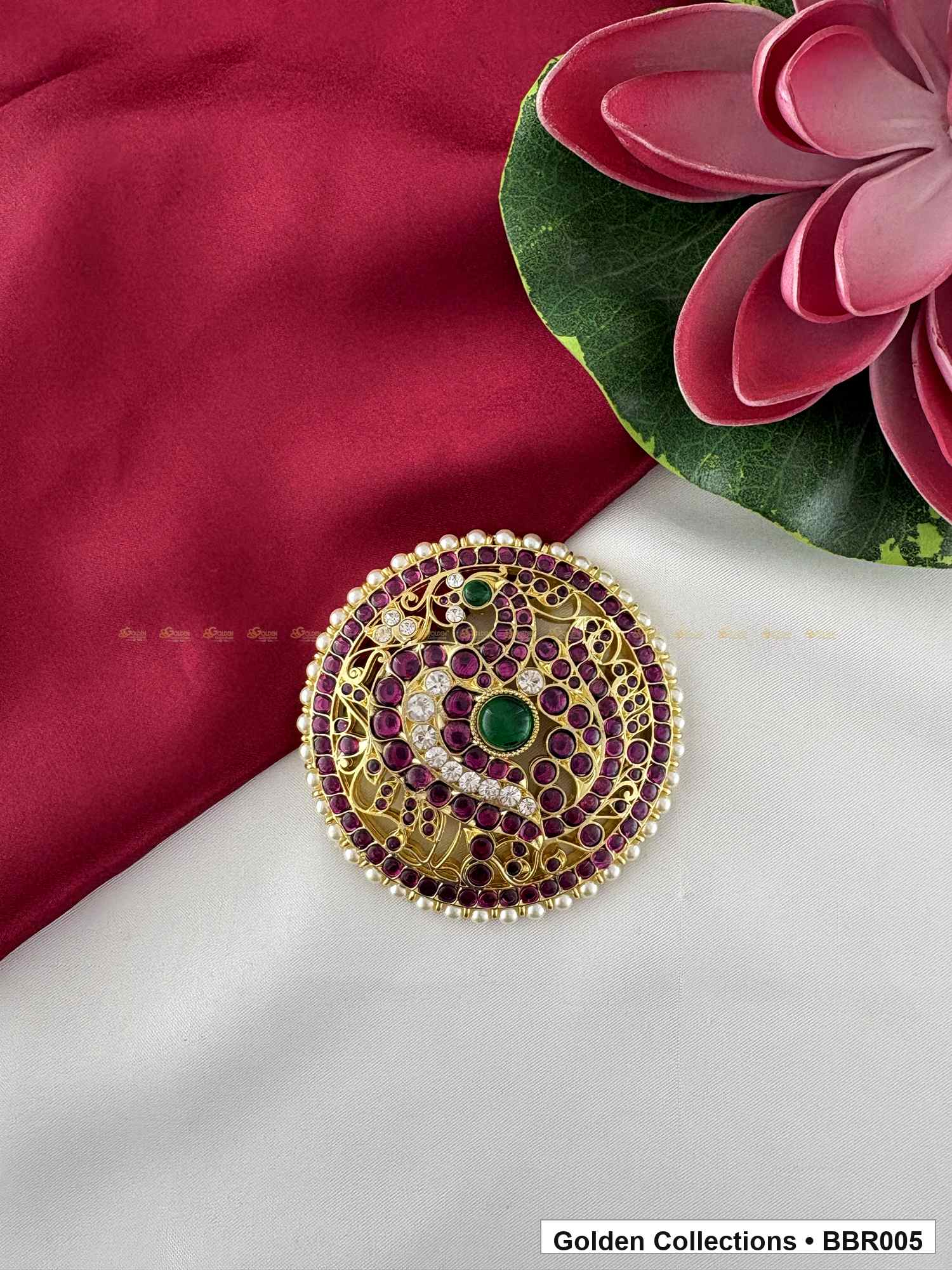 Front view of Circular Real Kemp Rakodi with Red Green Stone Work from Golden Collections