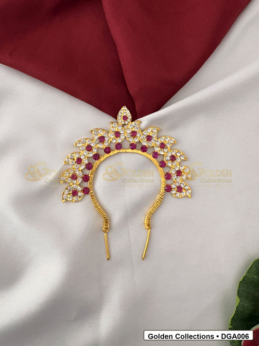 Front view of Classic Deity Arch for Idol Alankaram showing gold-plated arch shape with red, green and white stone accents