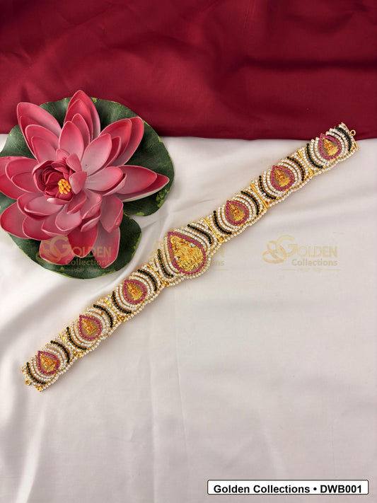 Front view of Classic Deity Waist Belt Vaddanam for Idols showing gold-plated vaddanam-style waist belt design with stone detailing