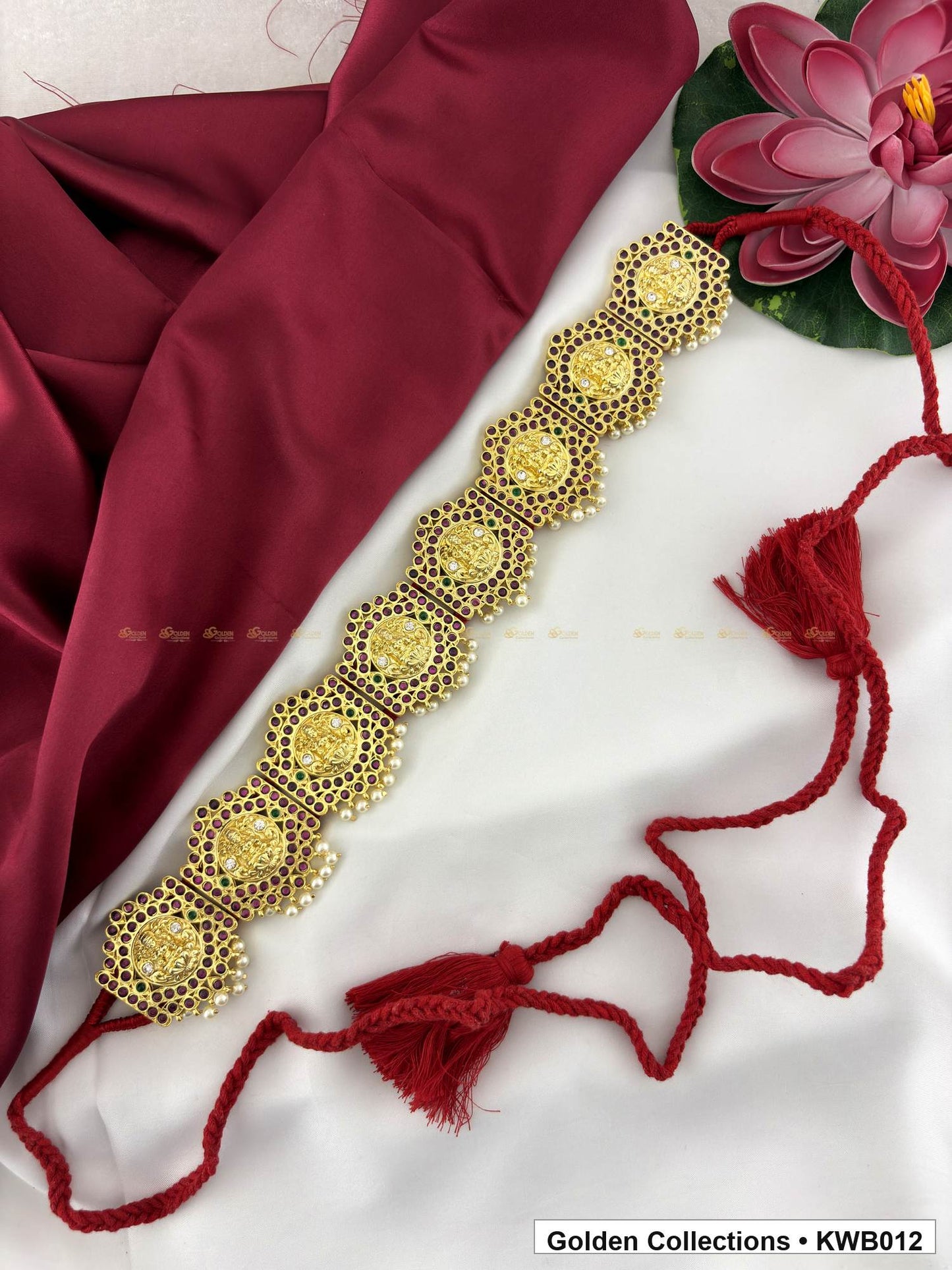 Front view of Coin Link Real Kemp Vaddanam Waist Belt from Golden Collections