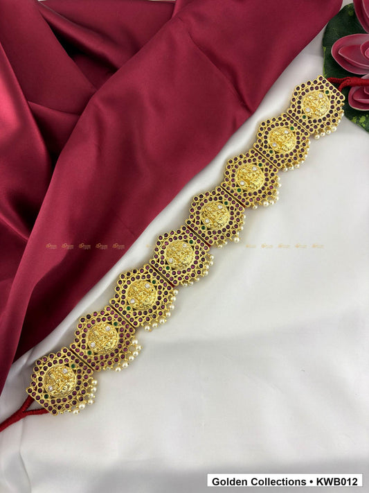 Angled product view of Coin Link Real Kemp Vaddanam Waist Belt from Golden Collections