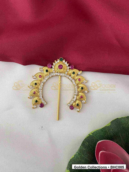 Front view of Compact Bharatanatyam Hair Crown for Dance Costume for Bharatanatyam dance hairstyle styling