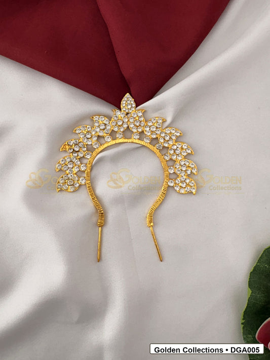 Front view of Compact Deity Arch for Idol Alankaram showing gold-plated arch shape with red, green and white stone accents