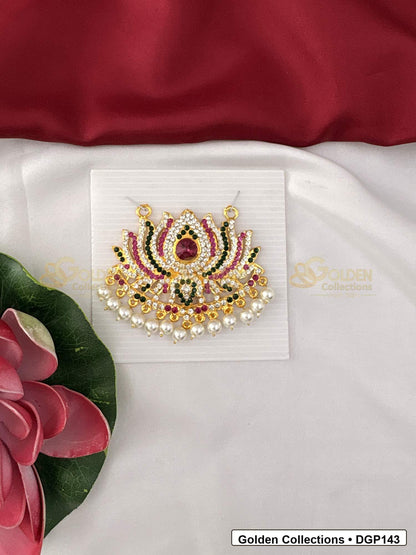 Crown Motif Deity Pendant for Idol Alankaram front view showing crown motif deity pendant with red, green and clear stones, pearl-style bead edge and gold-tone setting for idol alankaram