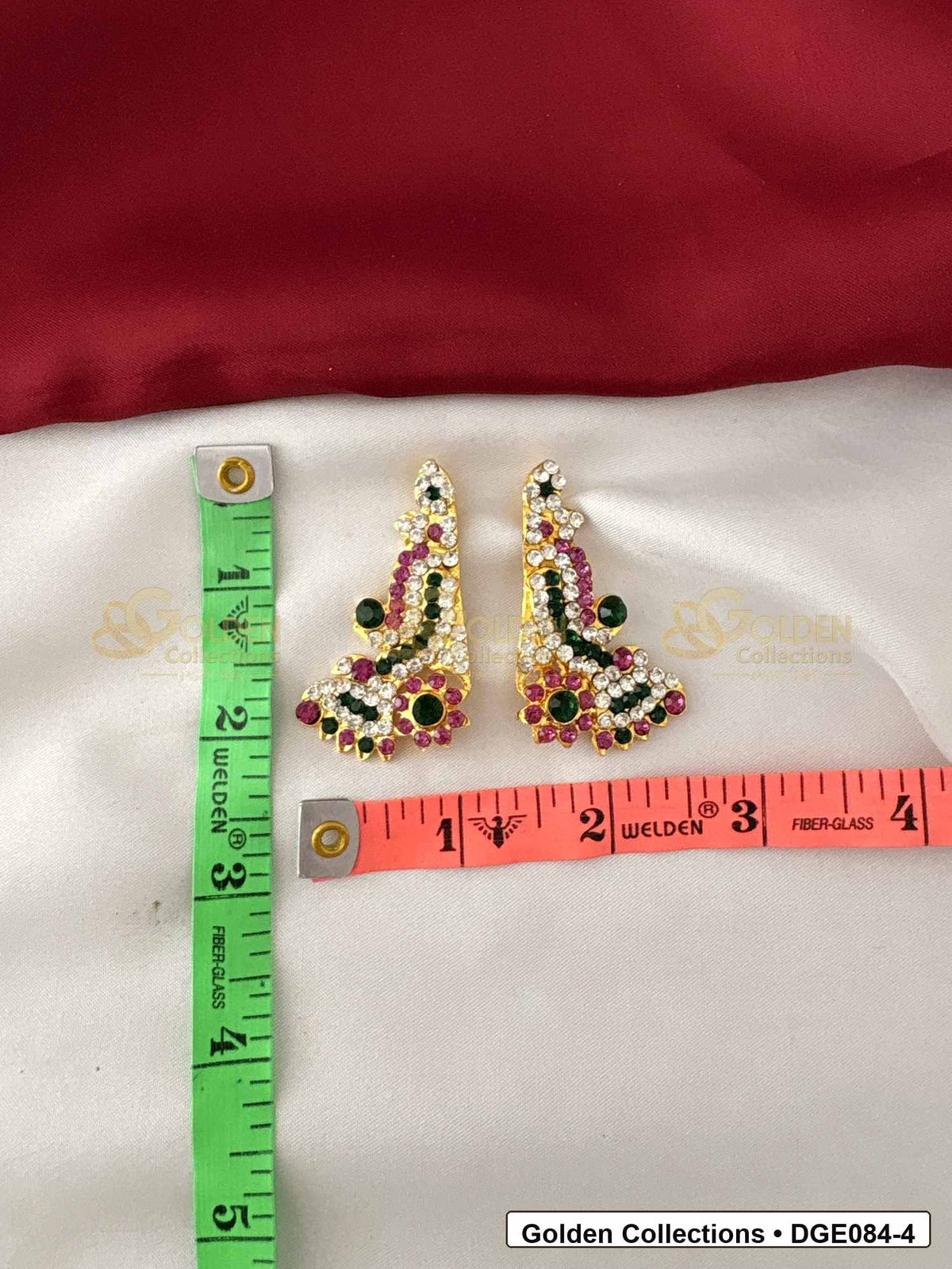 Measurement photo showing 5 Cms curved karna pathakam deity earrings for idol alankaram for deity idol alankaram
