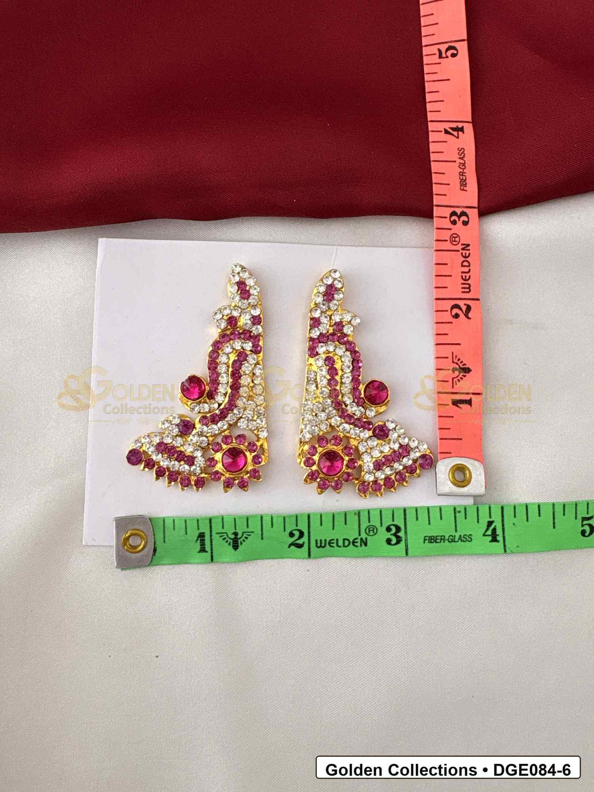 Measurement photo showing 6 Cms curved karna pathakam deity earrings for idol alankaram for deity idol alankaram
