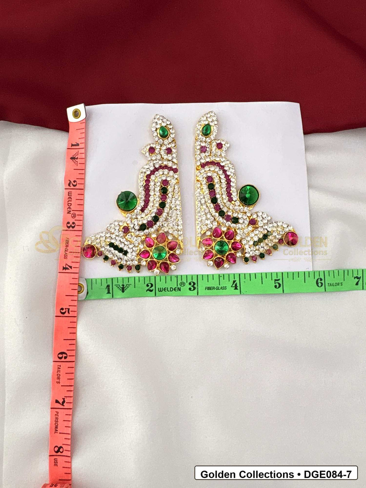 Measurement photo showing 10 Cms curved karna pathakam deity earrings for idol alankaram for deity idol alankaram