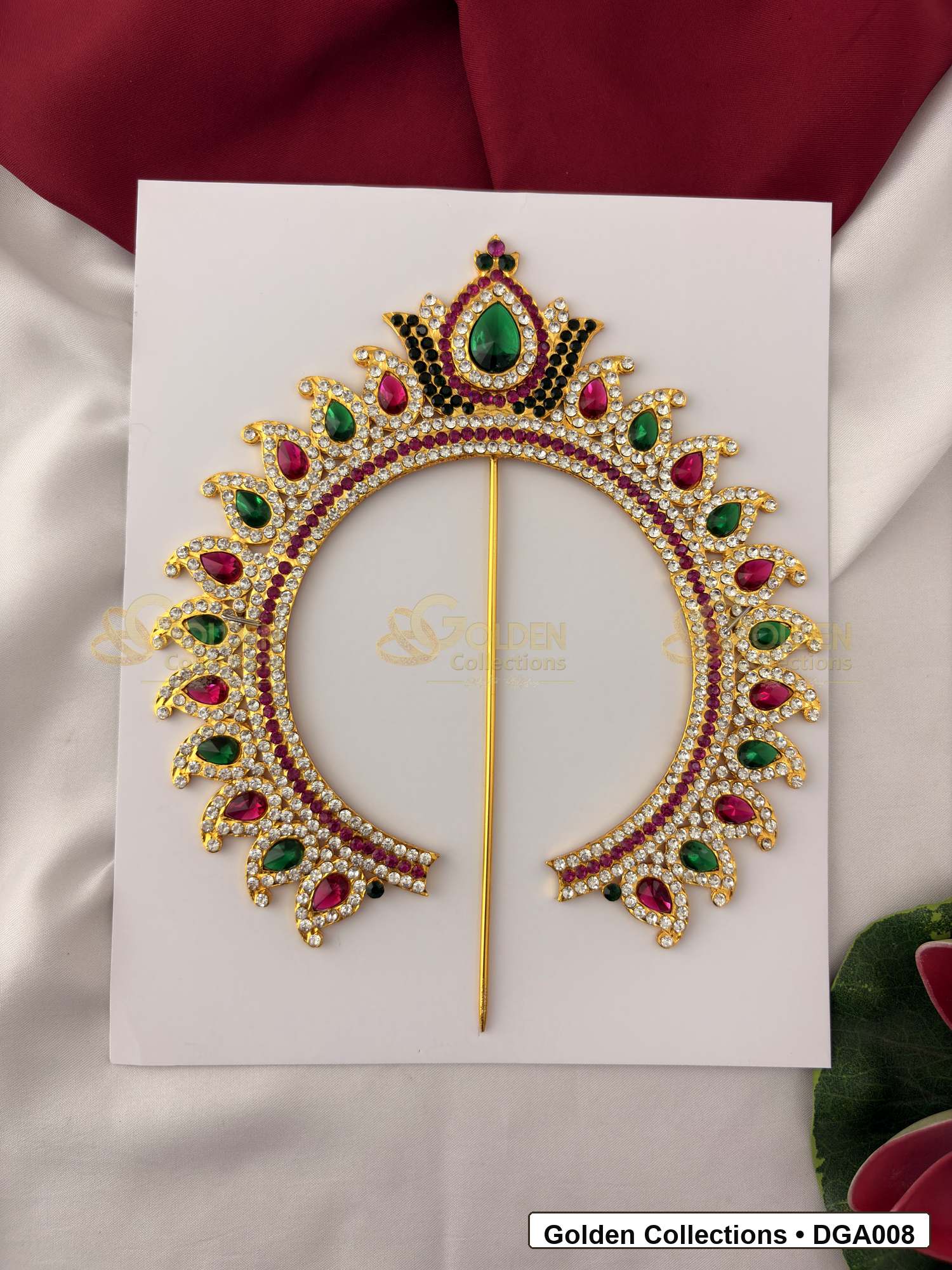 Front view of Decorative Deity Arch for Idol Alankaram showing gold-plated arch shape with red, green and white stone accents