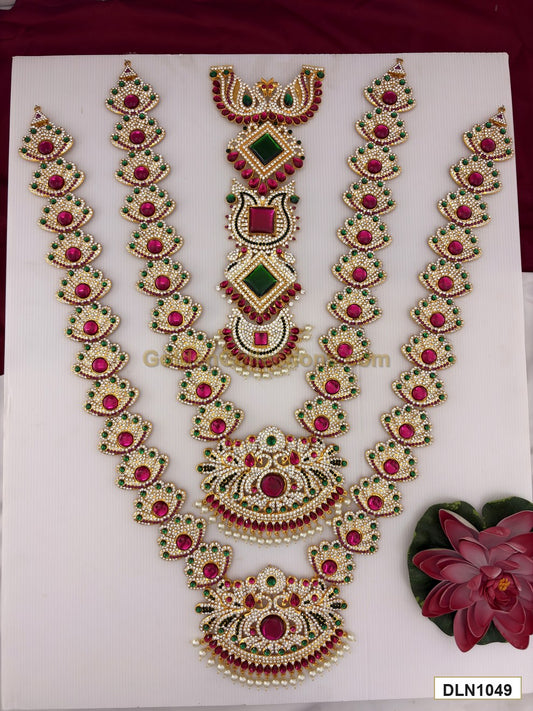 3 step deity long haram set DLN1049 full product view with pink green stones and gold plating