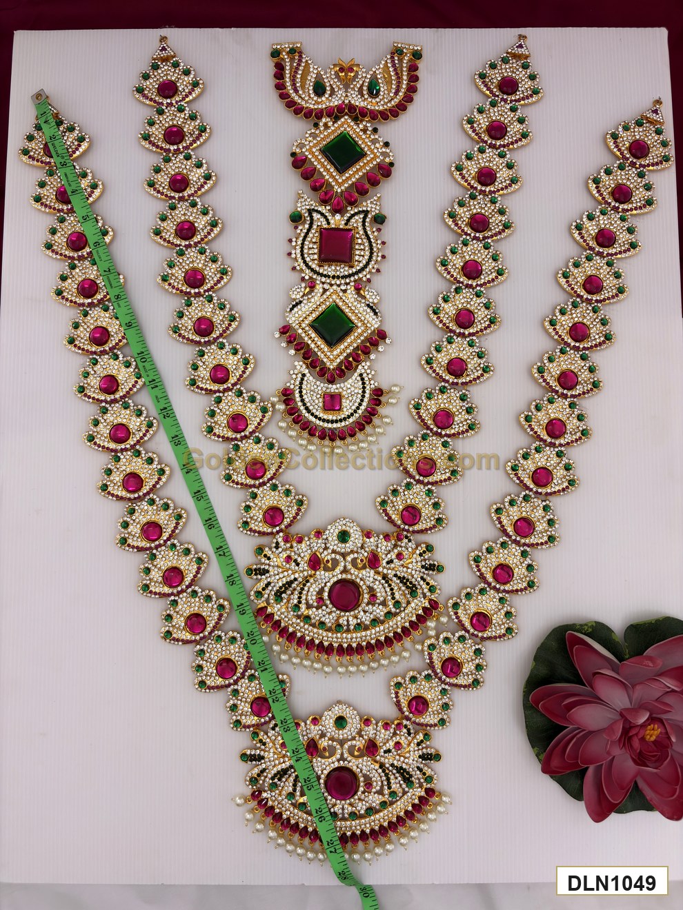 Length measurement photo showing 27 inch deity long haram set with measuring tape for idol alankaram