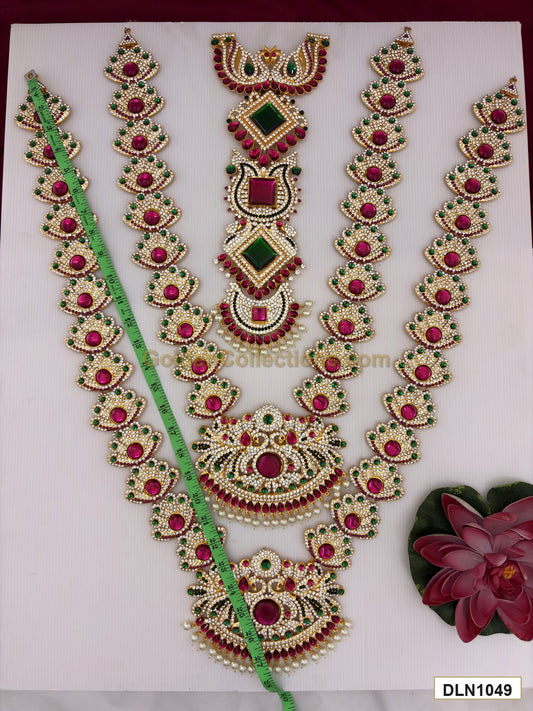 Length measurement photo showing 27 inch deity long haram set with measuring tape for idol alankaram