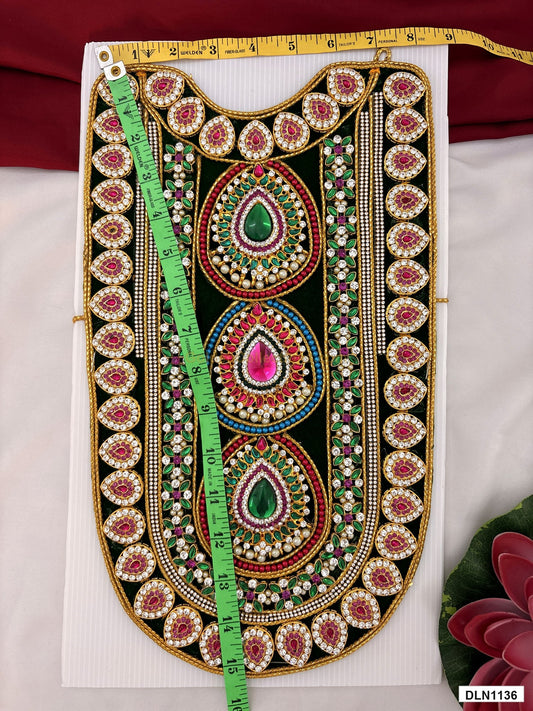 Measurement photo showing 15 x 9 Inches deity chest long haram with measuring tape for idol alankaram