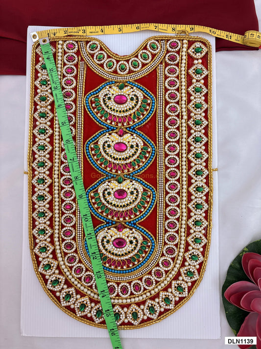 Measurement photo showing 15 x 10 Inches deity chest long haram with measuring tape for idol alankaram