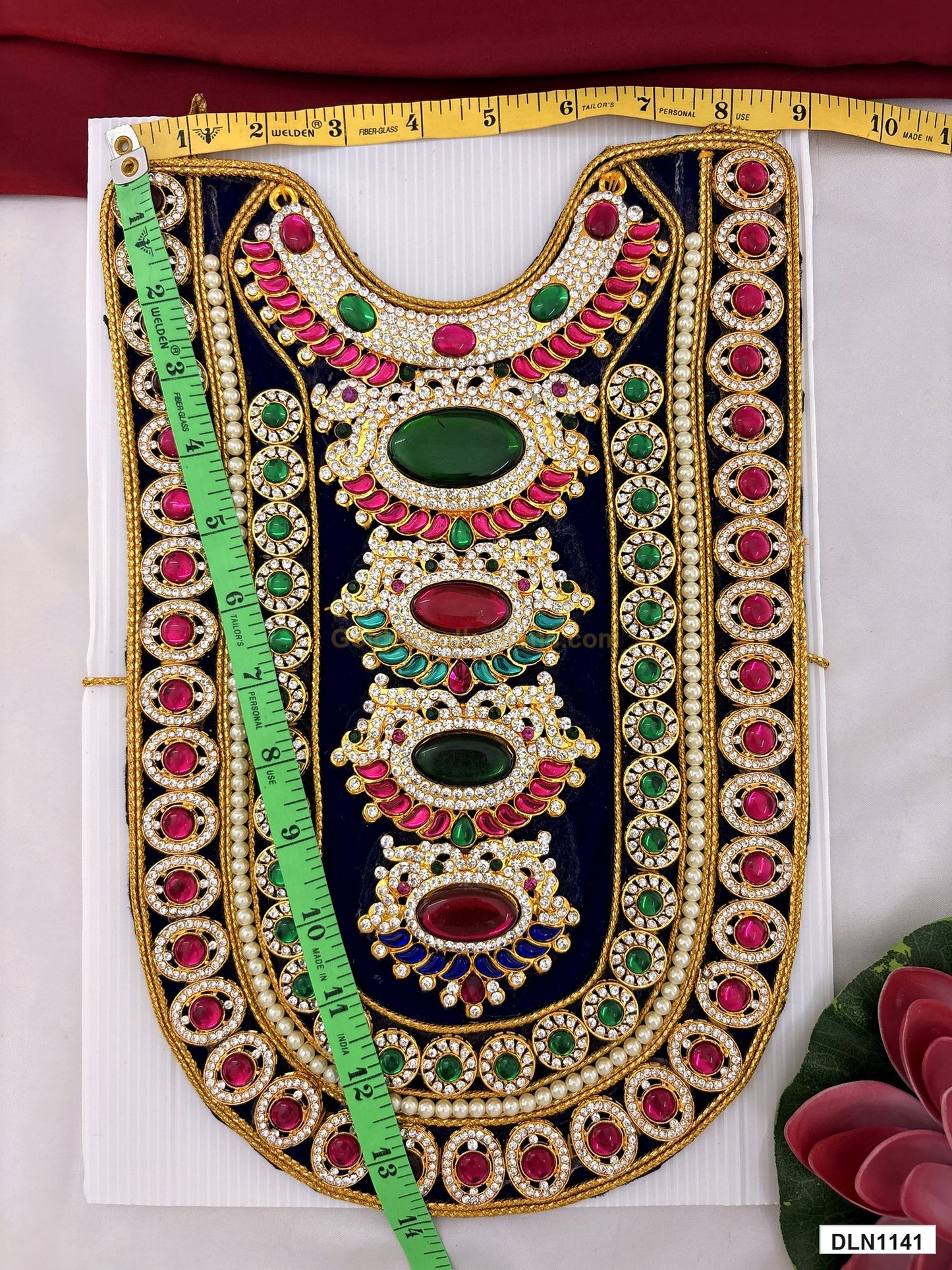 Measurement photo showing 14 x 9 Inches deity chest long haram with measuring tape for idol alankaram