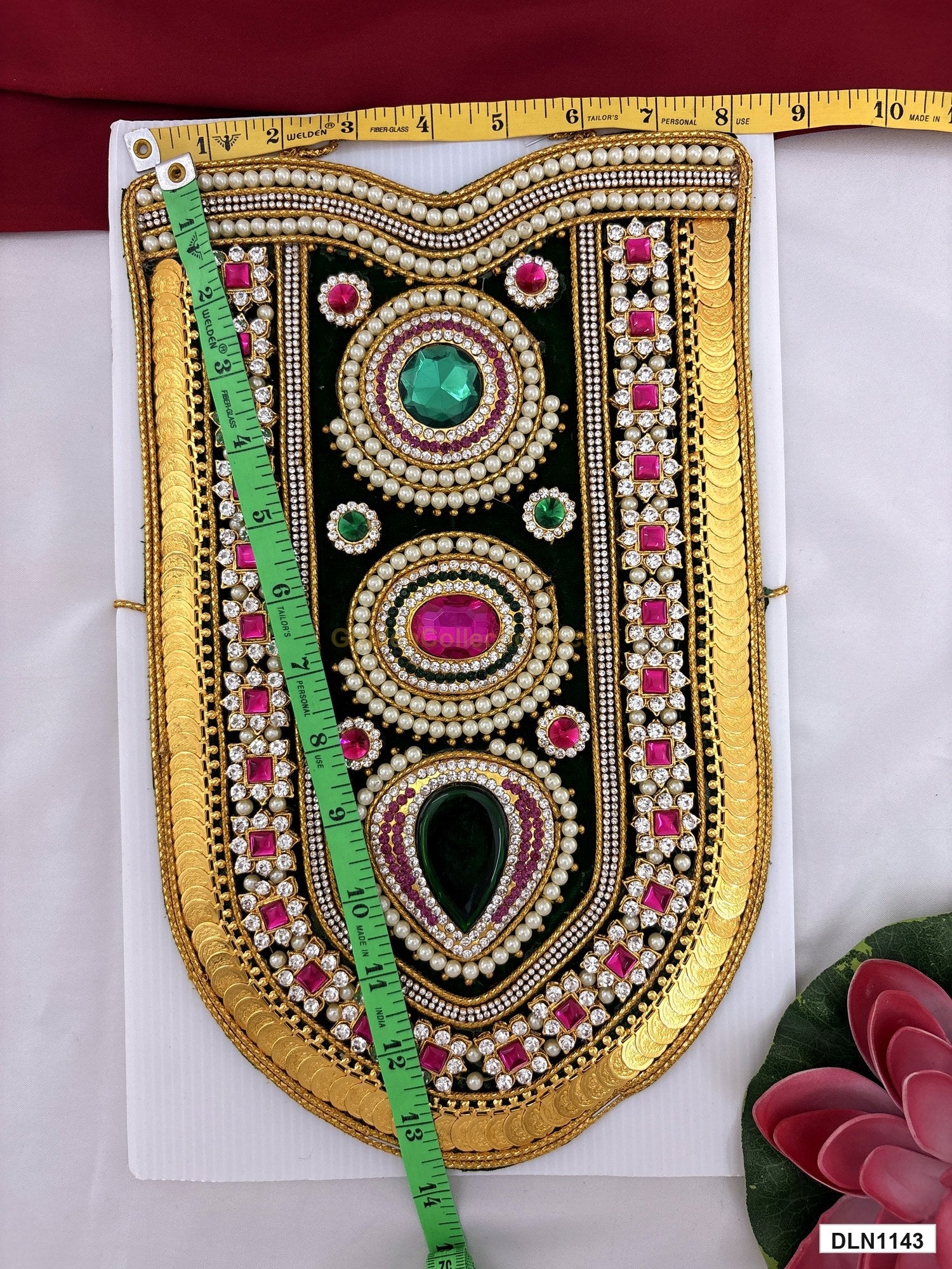 Measurement photo showing 14 x 8 Inches deity chest long haram with measuring tape for idol alankaram