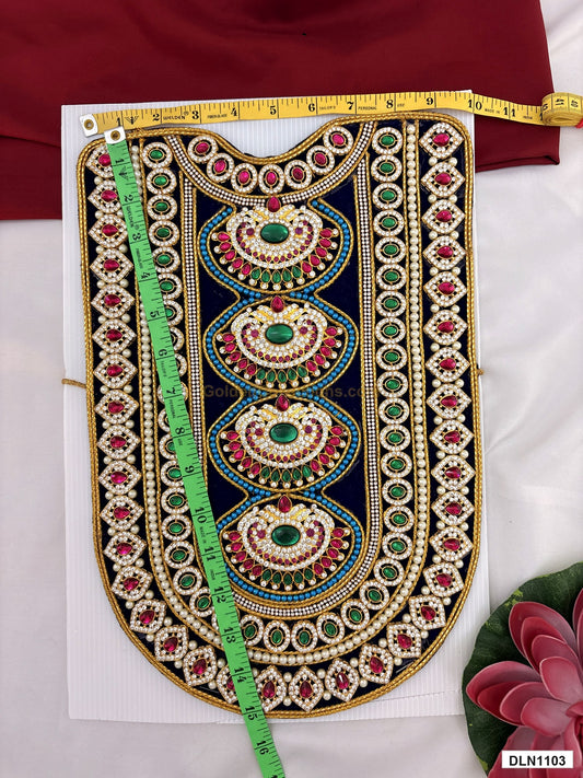 Measurement photo showing 15 x 9 Inches deity chest long haram with measuring tape for idol alankaram