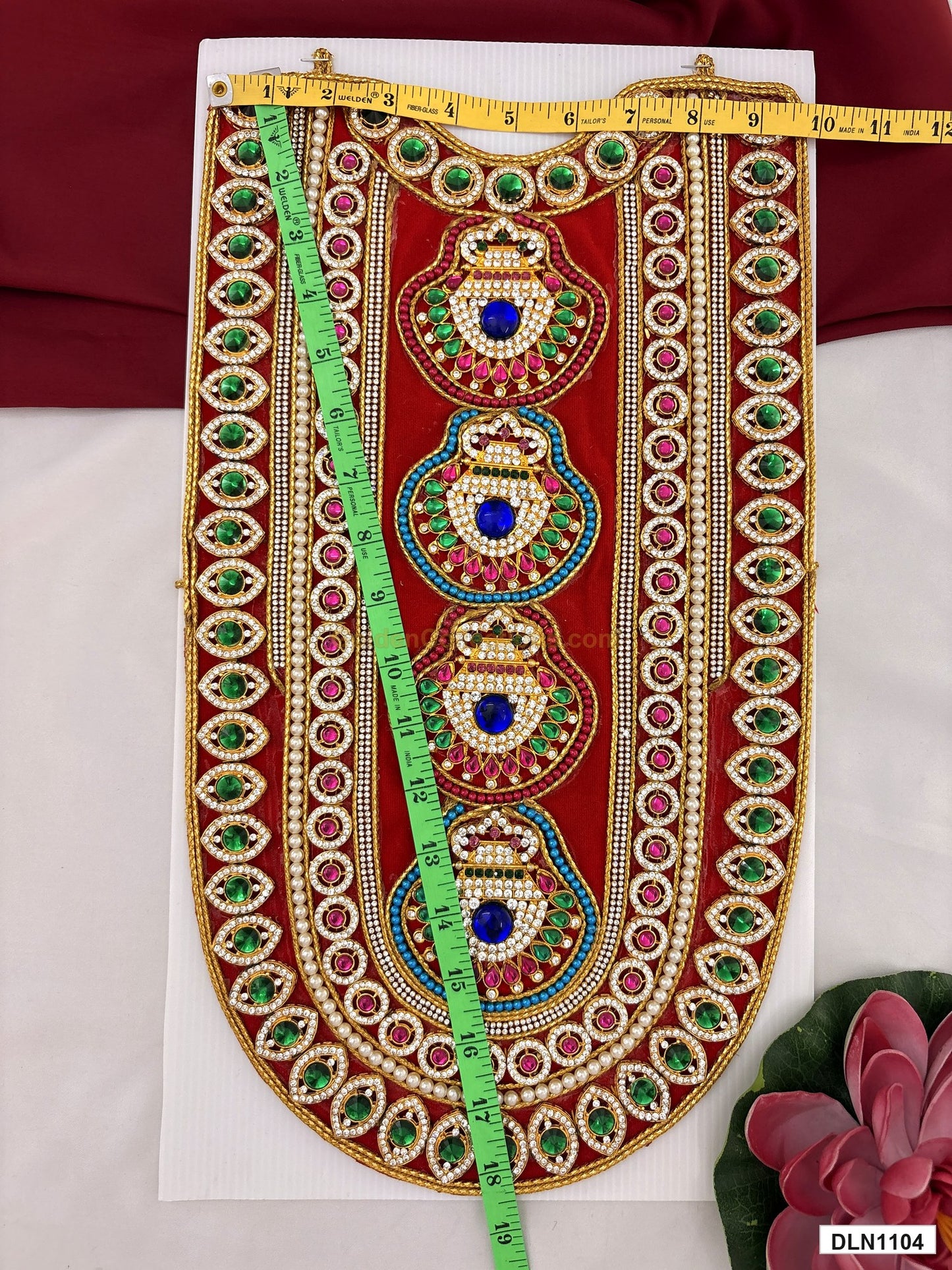 Measurement photo showing 18 x 9 Inches deity chest long haram with measuring tape for idol alankaram