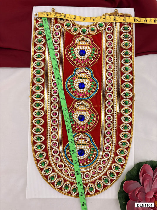 Measurement photo showing 18 x 9 Inches deity chest long haram with measuring tape for idol alankaram
